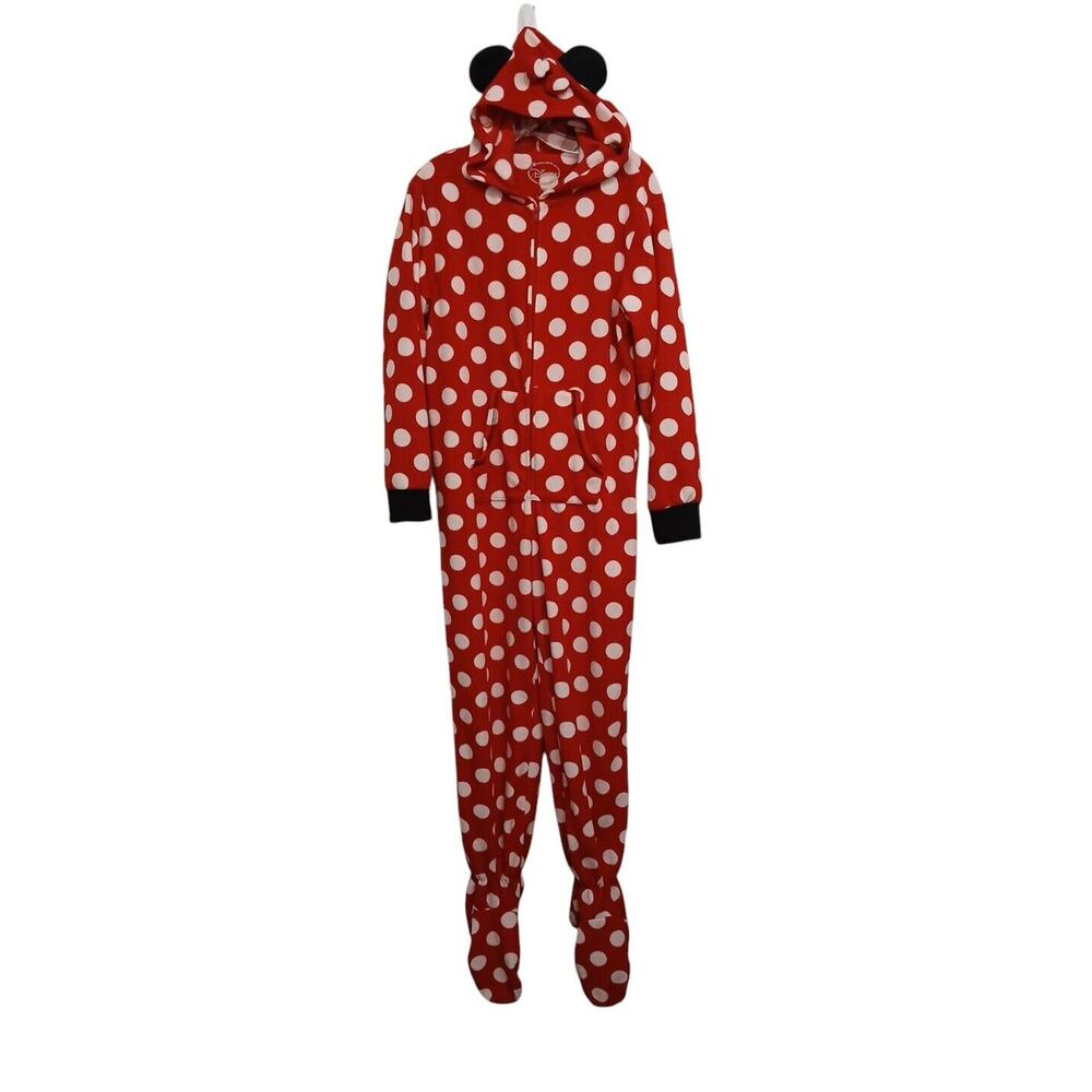 Disney‎ Minnie Mouse JUMPSUIT Pajama PJs Women's Sz M Red White Polkadot Hoodie